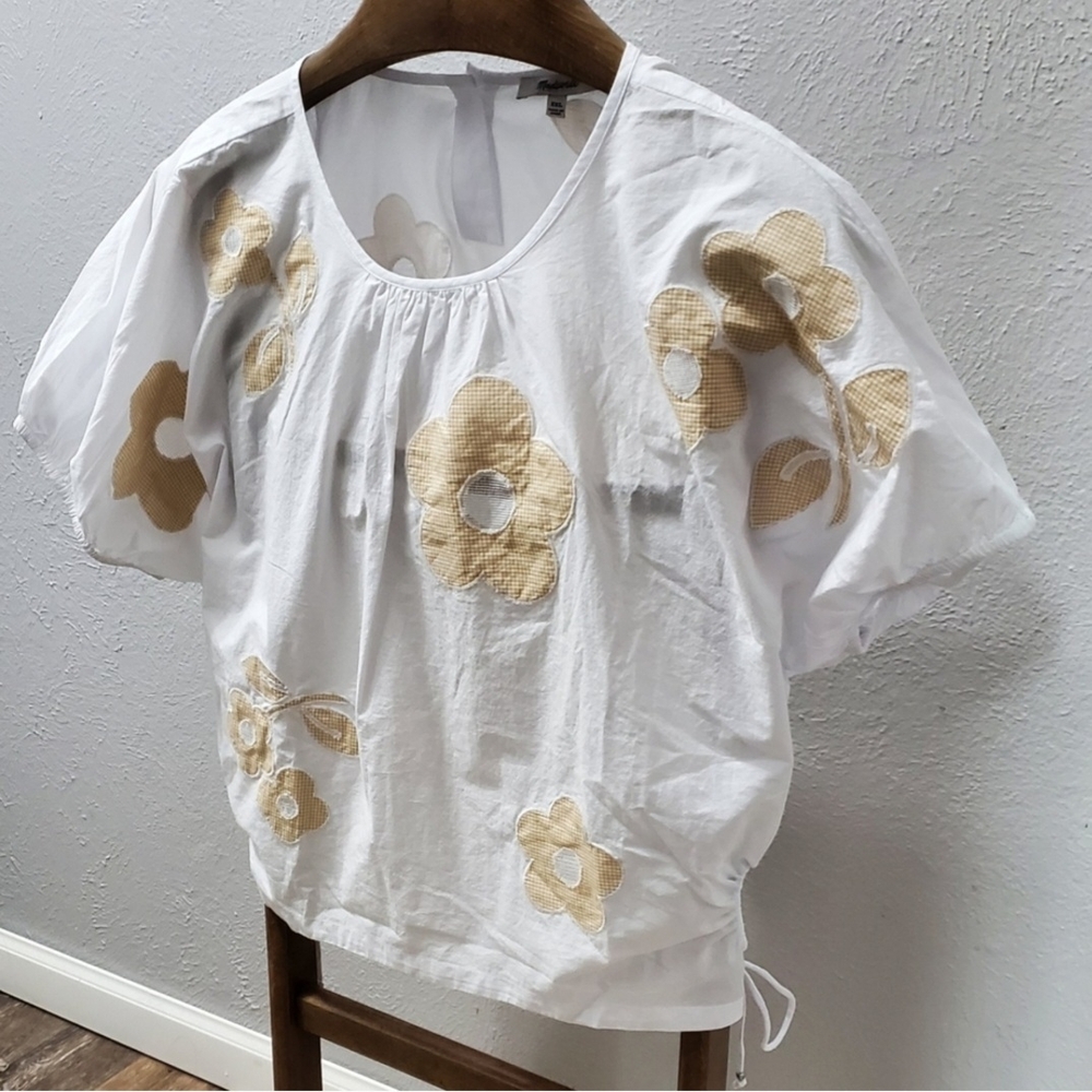 Madewell White Ruched Linen Crop Blouse with Yellow Accents - Picture 2 of 16